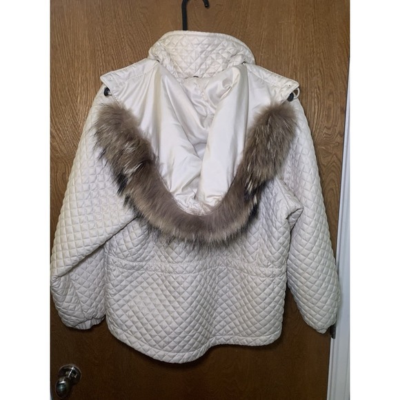 Post Card Italy Quilted Jacket Ivory Cream Removable Fur Trim Hood Sz 4 Eu 40 - Picture 2 of 16